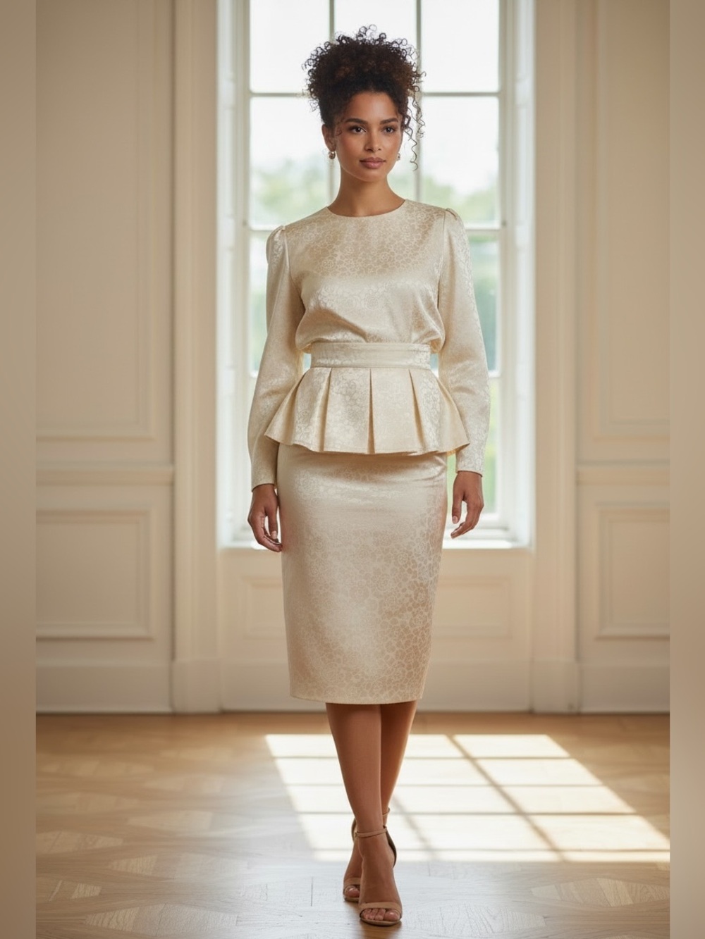 VTG 80s ARGENTI CREAM BROCADE 2PC PEPLUM BLOUSON TOP & PENCIL SKIRT SET SZ 6